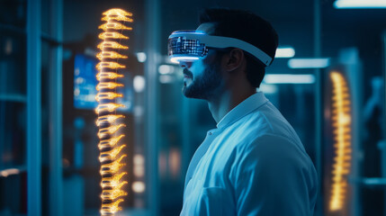 Wall Mural - Doctor with futuristic eyeglasses analyzing the spine using AI technology.