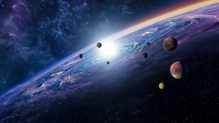 a vivid depiction of outer space featuring several planets orbiting in front of a distant star, with
