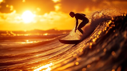 Wall Mural - A surfer rides a wave in the ocean at sunset, the sun shining behind him.