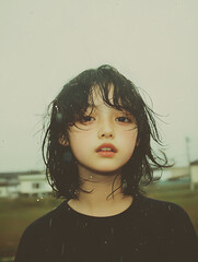 Wall Mural - Film portrait of a taiwanese girl with soft facial figure, her cheek flushed and smiling, her hair a little wet, soft sunlight gently hit her face emphasize joy in her brown eyes