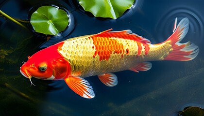 Vibrant nishikigoi koi fish swimming gracefully in a serene pond, showcasing their striking colors and patterns