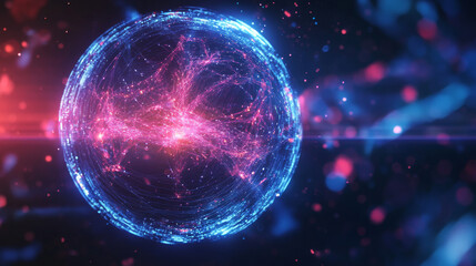 Abstract background featuring an energy sphere with bright glowing particles, resembling an atom of energy. The design conveys a scientific, futuristic, and high-tech aesthetic.