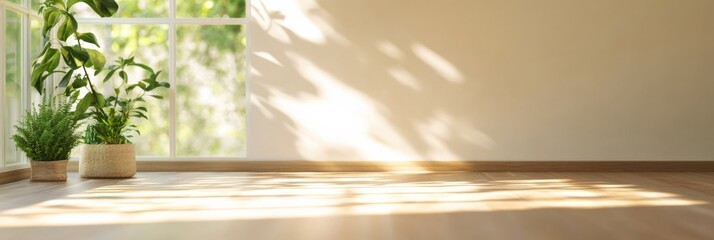 This peaceful image features an empty, sunlit room with wooden flooring and large windows casting soft shadows, decorated with two green potted plants, creating a calming atmosphere.