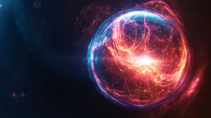 Wall Mural - Abstract background featuring an energy sphere with bright glowing particles, resembling an atom of energy. The design conveys a scientific, futuristic, and high-tech aesthetic.