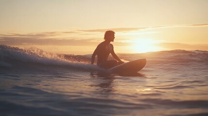 Canvas Print - A surfer sits patiently on his board in the ocean, waiting for the perfect wave, as the sun sets behind him, creating a serene and peaceful atmosphere.