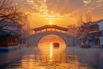 Poster - In the evening of a Chinese ancient town, boats in stone bridges and canals