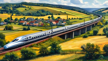 Dynamic high-speed trains racing through picturesque countryside landscapes