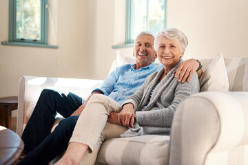 Sticker - Happy, portrait and senior couple on sofa for connection, bonding and relaxing together at home. Smile, love and elderly man and woman hugging for resting in living room at house in Switzerland.