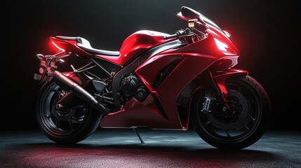 Wall Mural - A red sport motorcycle in a dark setting with bright lights.