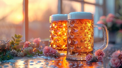 Mugs of Light Beer and Vector Mug with Brew