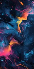 Wall Mural - Abstract cosmic swirl of blue, orange, and pink hues against a dark background with stars.