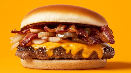 Canvas Print - A cheeseburger with bacon and onion on a yellow background.