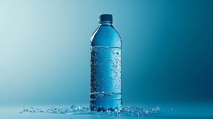 Wall Mural - A plastic water bottle with condensation on a blue background.