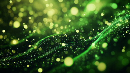 Poster - Abstract background featuring green energy lines and cyclic circles, enhanced with magical bokeh effects from particles.