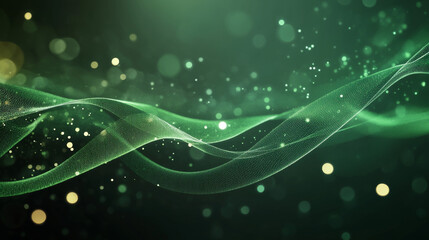 Abstract background featuring green energy lines and cyclic circles, enhanced with magical bokeh effects from particles.