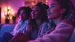 © DM  - Three friends enjoying a movie night with colorful lighting.
