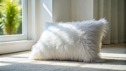 White fluffy pillow resting on a light gray surface in a room with natural light