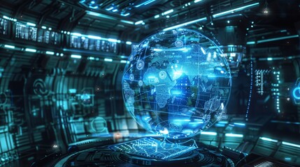 Poster - Futuristic Holographic Globe Display in Sci Fi Setting