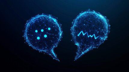 
Two dialogue bubbles, each featuring a question mark and an answer symbol, are depicted in a futuristic low poly wireframe style. The abstract digital speech bubbles are designed in a blue color.