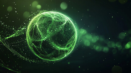 Poster - Abstract green energy sphere composed of glowing particles and waves, radiating magical light against a dark background.