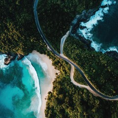 Sticker - Aerial View of a Winding Road Leading to a Secluded Beach