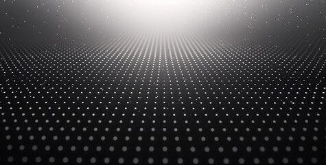 Wall Mural - Abstract black and white background with a grid of white dots leading to a bright white light source.