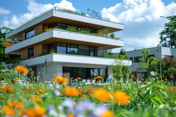 A three story white building with a green roof