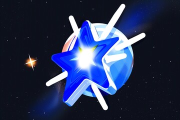 Wall Mural - A bright blue star shines in the dark, starry sky, with a white light emanating from its center. It's an abstract image of celestial beauty.