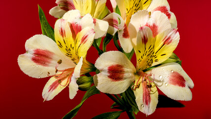 Wall Mural - Blooming white-pink Alstroemeria Rebecca on a red background