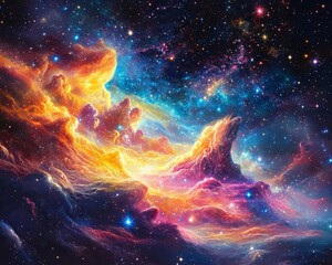 Wall Mural - a vibrant nebula with swirling colors of pink, blue, and yellow. stars sparkle throughout the cosmic