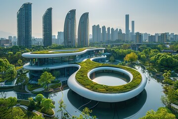 A large building with a green roof and a large circular pond