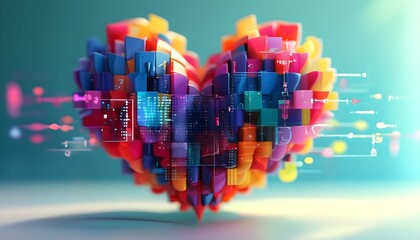 Wall Mural - Vibrant Abstract Heart Composed of Digital Icons Symbolizing Technology, Healthcare, Communication, and Connection