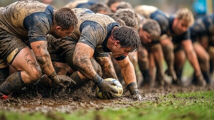 Poster - Rugby players compete in the mud during a match.