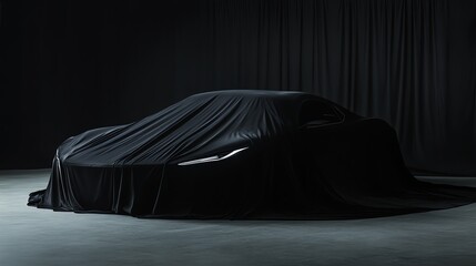 Sticker - A sleek black car is covered in a black sheet under a spotlight in a dark space.