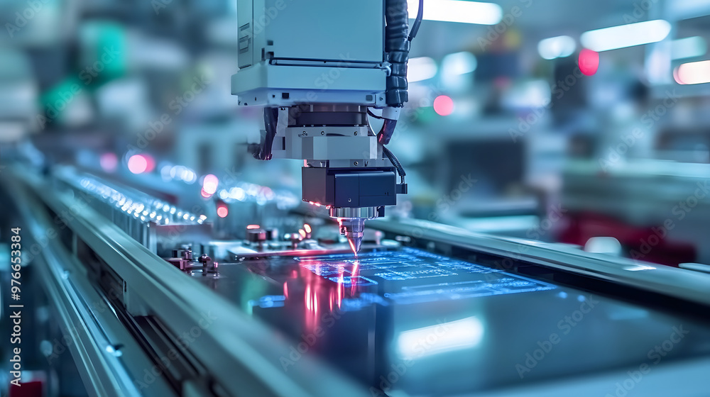 Automated robotic arm working on circuit board in high tech ...