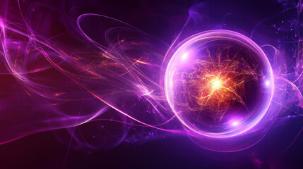 Abstract background with a bright purple glow, featuring a sphere at its core that resembles an atom with burning energy. The circle is composed of waves of energy rays and plasma with light.