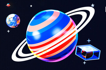 Wall Mural - a vibrant, multi-colored planet with white rings sits against a dark blue starry backdrop.