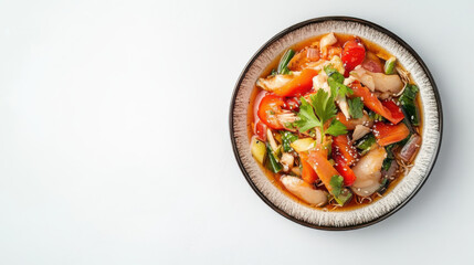 A colorful papaya salad on a white plate, with a mortar and pestle as props, set against a white background with advertising space available.