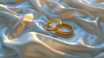 Gold rings shining on white cloth, symbolizing love and commitment. AI generative