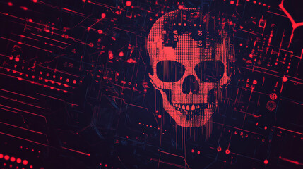 HACKED. Concept of an online data breach and hacker news. Highlights network DDOS cybercrime with an abstract digital background, including a skull symbol over binary code. Vector illustration
