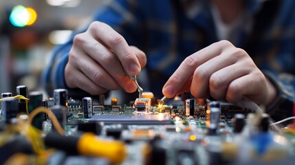 A man is working on a computer chip. He is using a pair of tweezers to pick up a small piece of the chip.Generative ai illustration.