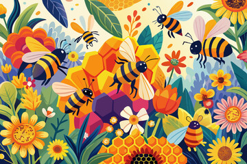 Poster - A lively swarm of bees is illustrated in a sea of vibrant flowers and honeycomb, celebrating the beauty and importance of pollination. World Bee Day. seamless pattern with flowers