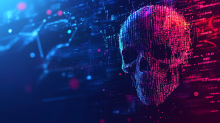 HACKED. Concept of an online data breach and hacker news. Highlights network DDOS cybercrime with an abstract digital background, including a skull symbol over binary code. Vector illustration