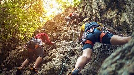 Poster - A group of climbers scale a steep rock face.