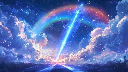 Wall Mural - A magical night sky with a bright shooting star streaking across the horizon.  The stars are a breathtaking sight, and the sky is filled with clouds.