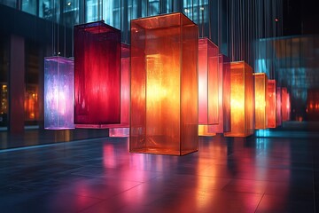 Wall Mural - Colorful illuminated boxes suspended in a modern space.