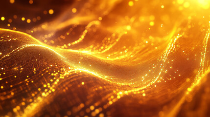 Abstract background with yellow and orange energy waves created from glowing hi-tech particles.