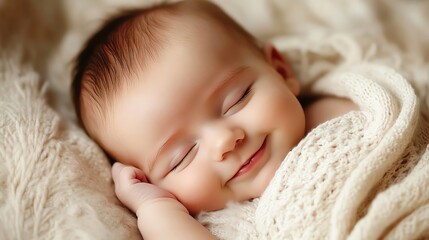 Poster - A sweet baby sleeps peacefully, wrapped in a soft blanket, with a gentle smile on their face.