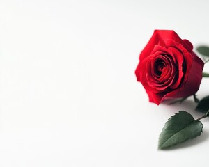 A vibrant red rose with lush green leaves on a clean, white background, symbolizing love and beauty with isolated on white background