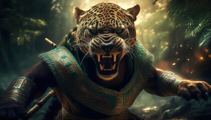 A fierce jaguar warrior dressed in intricate ceremonial armor, roaring and poised for battle in a dense jungle. Fantasy digital art with intense lighting and jungle atmosphere.